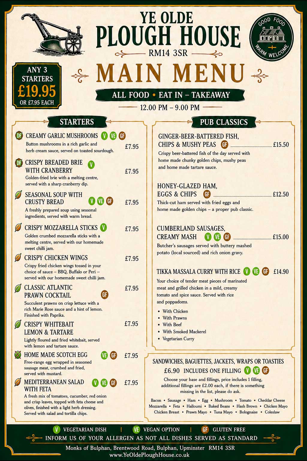 Menu Monday to Saturday